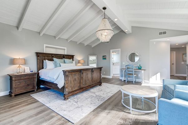 Bedroom, Chandelier, Interior, Recessed Lighting, Wood Texture Flooring