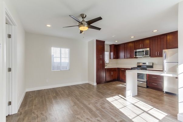 Interior, Kitchen, Recessed Lighting, Stainless Steel Appliances, Wood Texture Flooring