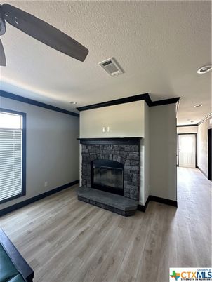 Empty room, Fireplace, Interior, Recessed Lighting, Wood Texture Flooring