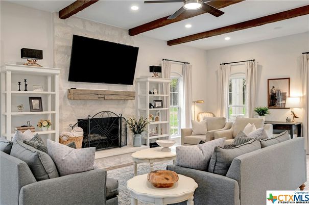 Fireplace, Interior, Living room, Recessed Lighting, Wooden Beams
