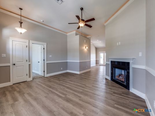 Empty room, Fireplace, Interior, Pendant Lights, Wood Texture Flooring