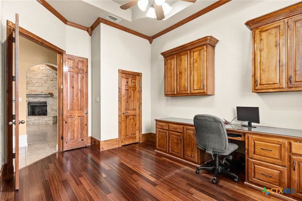 Fireplace, Home Office, Interior, Stone Walls, Wood Texture Flooring