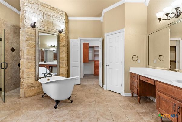 Bathroom, Dual Sink Vanities, Free Standing Baths, Interior, Stone Walls