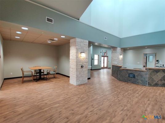 Dining room, Interior, Recessed Lighting, Stone Walls, Wood Texture Flooring