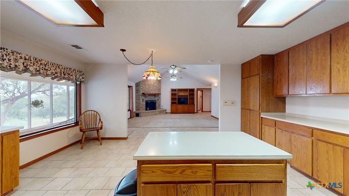 Fireplace, Interior, Kitchen, Pendant Lights