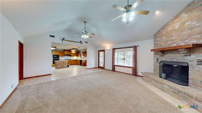 Empty room, Fireplace, Interior, Kitchen, Recessed Lighting, Stone Walls
