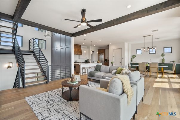 Dining room, Interior, Kitchen, Living room, Pendant Lights, Recessed Lighting, Wooden Beams, Wood Texture Flooring