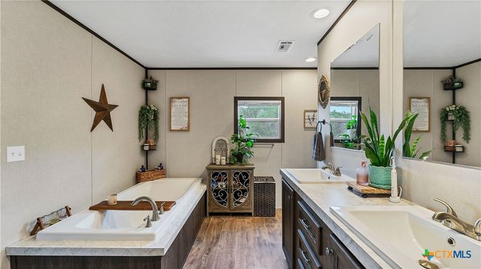 Bathroom, Dual Sink Vanities, Interior, Recessed Lighting, Wood Texture Flooring