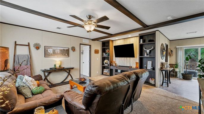 Fireplace, Interior, Living room, Recessed Lighting, Wooden Beams