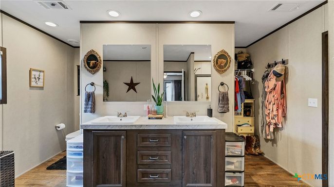 Bathroom, Dual Sink Vanities, Interior, Recessed Lighting, Wood Texture Flooring