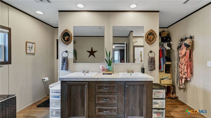 Bathroom, Dual Sink Vanities, Interior, Recessed Lighting, Wood Texture Flooring