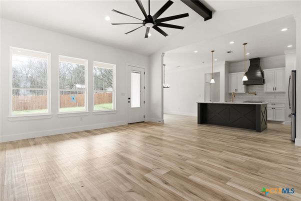 Empty room, Interior, Kitchen, Pendant Lights, Recessed Lighting, Wood Texture Flooring