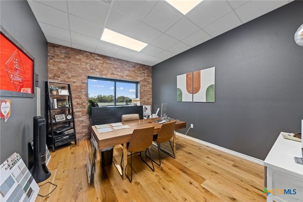 Home Office, Interior, Recessed Lighting, Stone Walls, Wood Texture Flooring