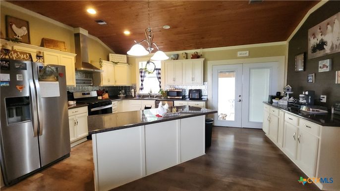 Interior, Kitchen, Pendant Lights, Recessed Lighting, Stainless Steel Appliances, Wooden Ceilings, Wood Texture Flooring