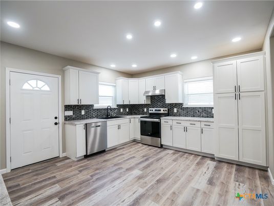 Interior, Kitchen, Recessed Lighting, Stainless Steel Appliances, Wood Texture Flooring