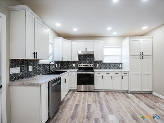 Interior, Kitchen, Recessed Lighting, Stainless Steel Appliances, Wood Texture Flooring