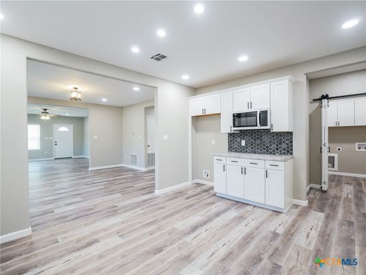 Empty room, Interior, Kitchen, Recessed Lighting, Wood Texture Flooring
