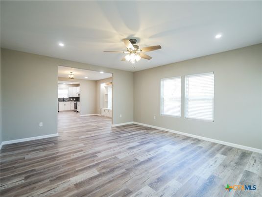 Empty room, Interior, Kitchen, Recessed Lighting, Wood Texture Flooring
