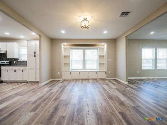 Empty room, Interior, Kitchen, Recessed Lighting, Wood Texture Flooring
