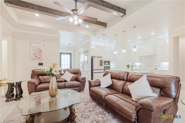 Interior, Kitchen, Living room, Pendant Lights, Recessed Lighting, Stainless Steel Appliances, Wooden Beams