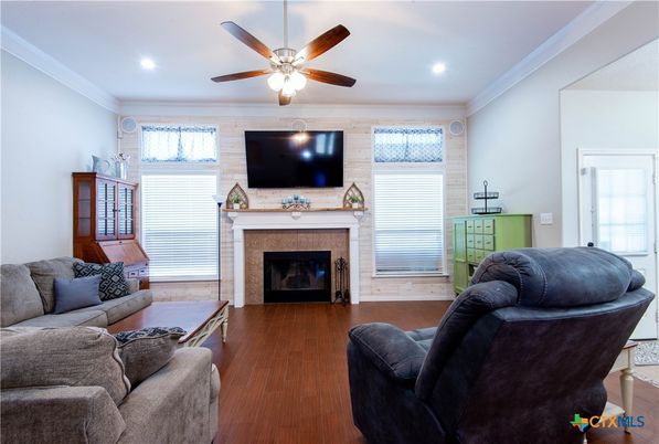 Fireplace, Interior, Living room, Recessed Lighting, Wood Texture Flooring