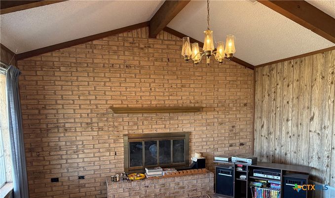 Chandelier, Fireplace, Interior, Pendant Lights, Stone Walls, Wooden Beams