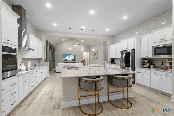 Interior, Kitchen, Living room, Pendant Lights, Recessed Lighting, Stainless Steel Appliances, Wood Texture Flooring
