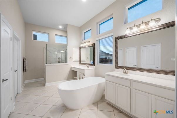 Bathroom, Dual Sink Vanities, Free Standing Baths, Glass Shower, Interior, Recessed Lighting