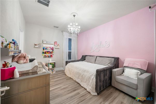 Bedroom, Chandelier, Interior, Wood Texture Flooring