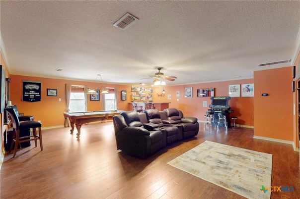 Billiard Table, Game Room, Interior, Living room, Pendant Lights, Wood Texture Flooring