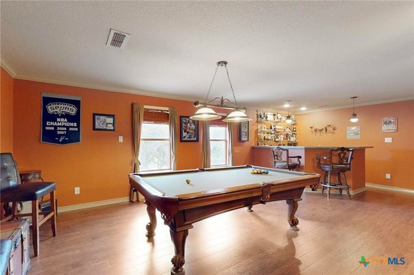 Billiard Table, Game Room, Interior, Pendant Lights, Recessed Lighting, Wood Texture Flooring
