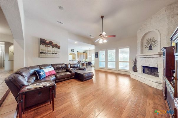Fireplace, Interior, Living room, Recessed Lighting, Wood Texture Flooring
