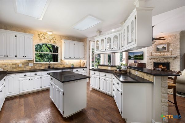 Fireplace, Interior, Kitchen, Stone Walls, Wood Texture Flooring