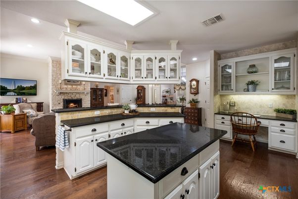 Fireplace, Interior, Kitchen, Living room, Recessed Lighting, Wood Texture Flooring