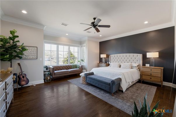 Bedroom, Interior, Recessed Lighting, Wood Texture Flooring