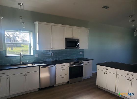 Interior, Kitchen, Pendant Lights, Stainless Steel Appliances, Wood Texture Flooring