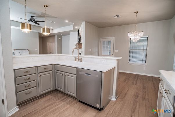 Chandelier, Interior, Kitchen, Pendant Lights, Recessed Lighting, Wood Texture Flooring