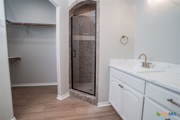 Bathroom, Glass Shower, Interior, Wood Texture Flooring