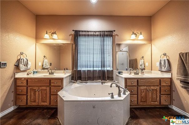 Bathroom, Dual Sink Vanities, Interior, Recessed Lighting, Wood Texture Flooring