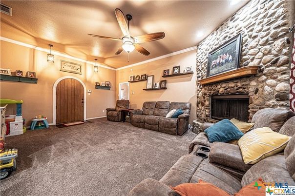 Fireplace, Interior, Living room, Pendant Lights, Stone Walls