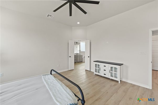Bedroom, Interior, Recessed Lighting, Wood Texture Flooring