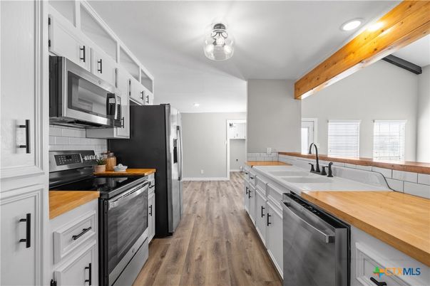 Interior, Kitchen, Recessed Lighting, Stainless Steel Appliances, Wooden Beams, Wood Texture Flooring