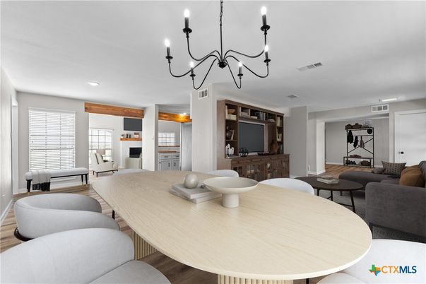 Chandelier, Dining room, Interior, Living room, Recessed Lighting, Wood Texture Flooring
