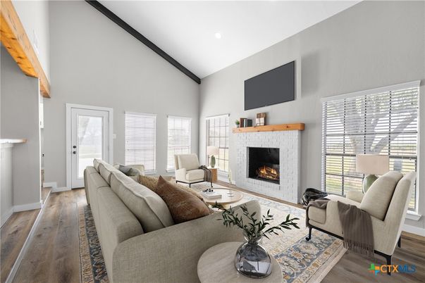 Fireplace, Interior, Living room, Recessed Lighting, Wood Texture Flooring