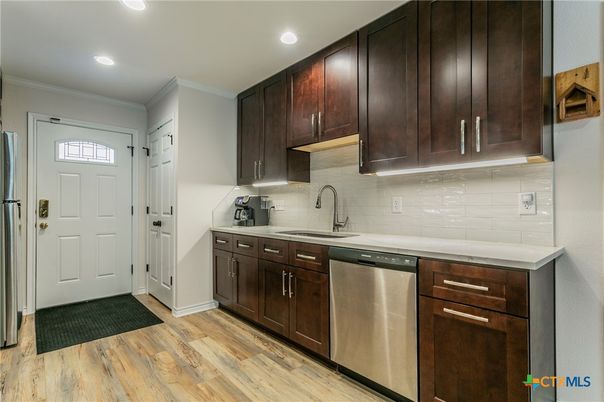 Interior, Kitchen, Recessed Lighting, Stainless Steel Appliances, Wood Texture Flooring