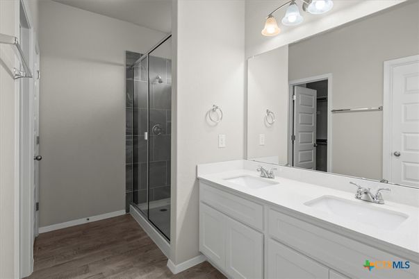 Bathroom, Dual Sink Vanities, Glass Shower, Interior, Wood Texture Flooring