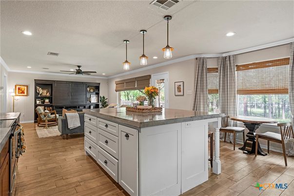 Dining room, Interior, Kitchen, Living room, Pendant Lights, Recessed Lighting, Wood Texture Flooring