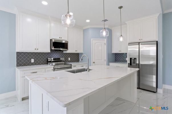 Interior, Kitchen, Marble, Pendant Lights, Recessed Lighting, Stainless Steel Appliances