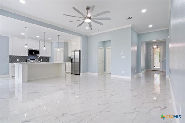 Interior, Kitchen, Marble, Pendant Lights, Recessed Lighting, Stainless Steel Appliances