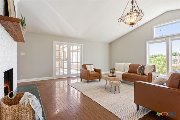 Fireplace, Interior, Living room, Pendant Lights, Wood Texture Flooring